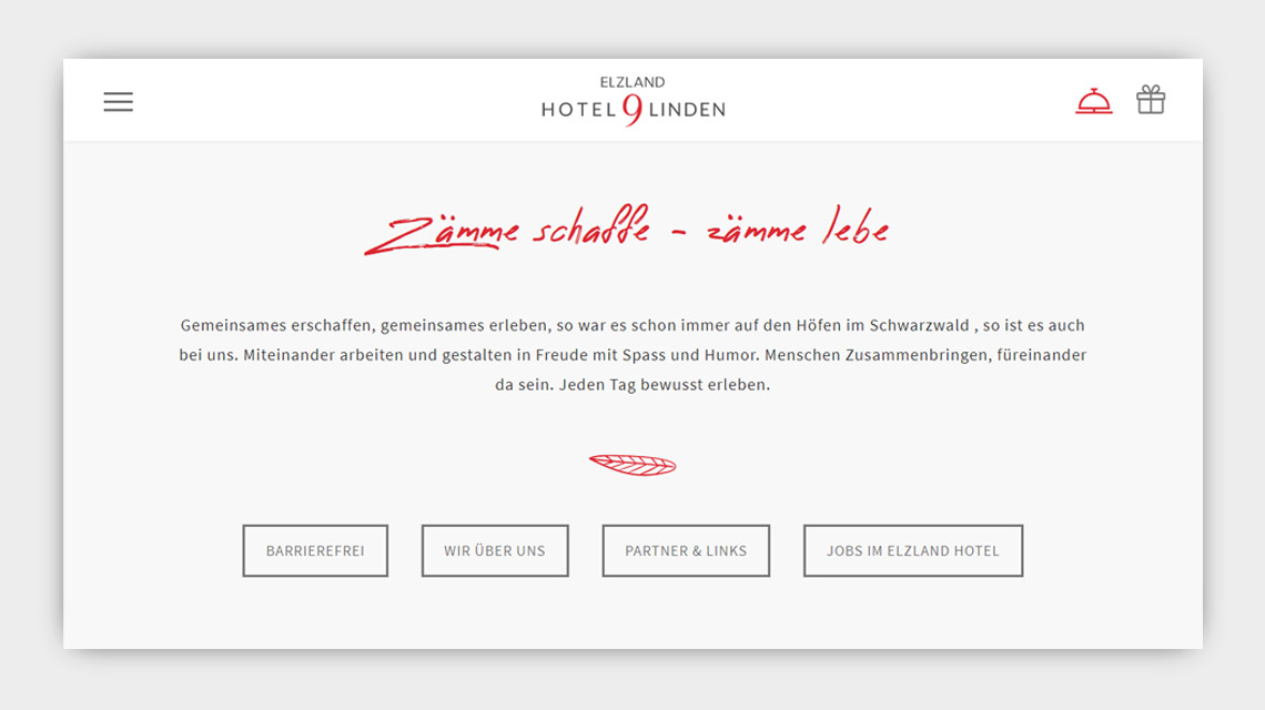 Anwendungsbeispiel Sprache der neuen Zierschrift auf der Webseite des Elzland Hotel 9 Linden