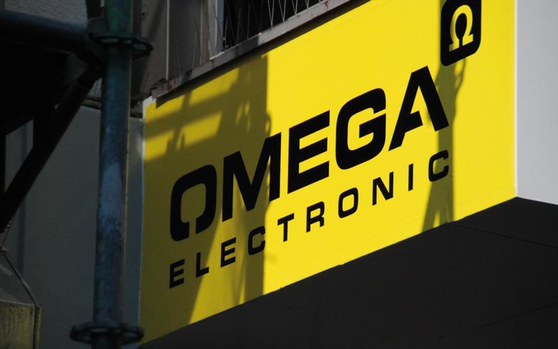 Werbeschild Omega Electronic - Corporate Design Omega Electronic Freiburg