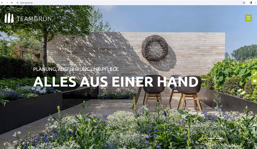 Ansicht des Startbereichs der Onepager-Webseite von Team Grün als Bildschirmausschnitt