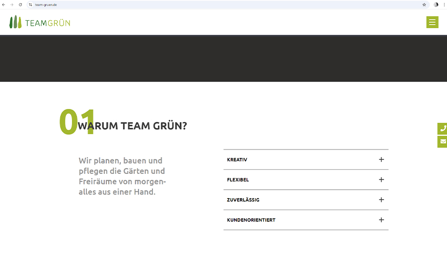 Ansicht von Projektbildern auf der Onepager-Webseite von Team Grün als Bildschirmausschnitt
