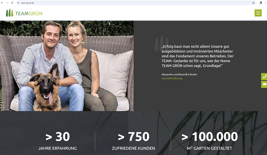 Ansicht von einem Kundenfeedback auf der Onepager-Webseite von Team Grün als Bildschirmausschnitt
