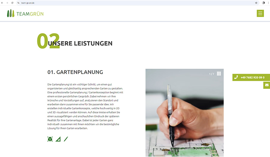 Ansicht von Leistungsfeldern auf der Onepager-Webseite von Team Grün als Bildschirmausschnitt