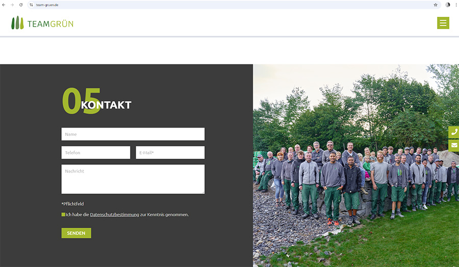 Ansicht des Bildschirmausschnitts eines Kontakformulars der Onepager-Webseite von Team Grün