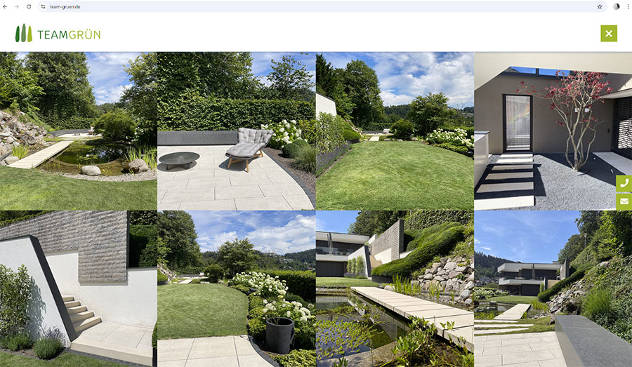 Ansicht von Projektbildern auf der Onepager-Webseite von Team Grün als Bildschirmausschnitt