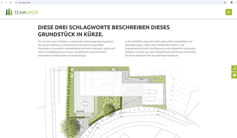 Ansicht des Bildschirmausschnitts mit Architekturskizze der Onepager-Webseite von Team Grün