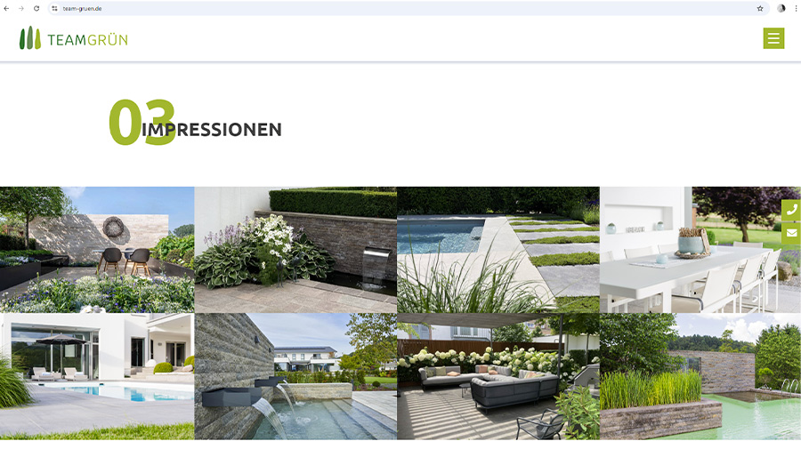 Ansicht von Bildimpressionen auf der Onepager-Webseite von Team Grün als Bildschirmausschnitt