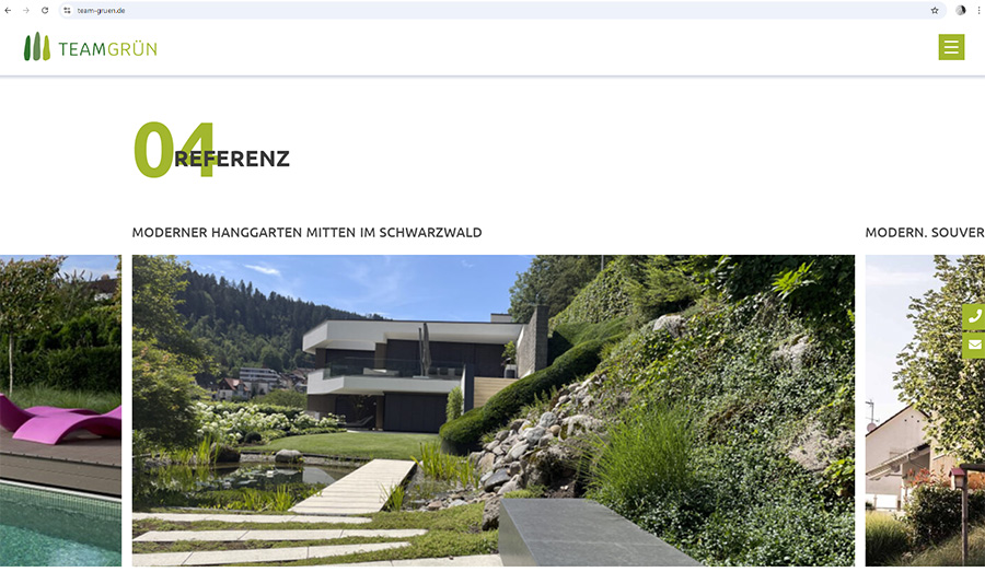 Ansicht von Referenzen auf der Onepager-Webseite von Team Grün als Bildschirmausschnitt