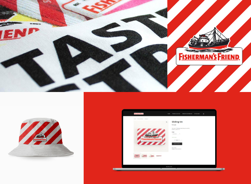 Collage von Fishermans Friend mit Logo, Sonnenhut, Webseiten-Bildschirm des Onlineshops und eines Handtuchs