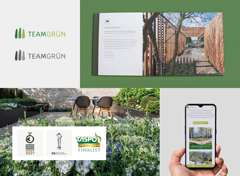 Bildcollage mit Logo, Imagebroschüre und Webseite auf Smartphone und einem Schaugarten des Team Grün mit zwei Awards