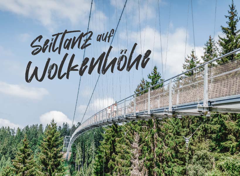 Zwei ältere Menschen stehen lächelnd auf einer WILDLINE Hängebrücke über einem Wald und lehnen sich an das Geländer