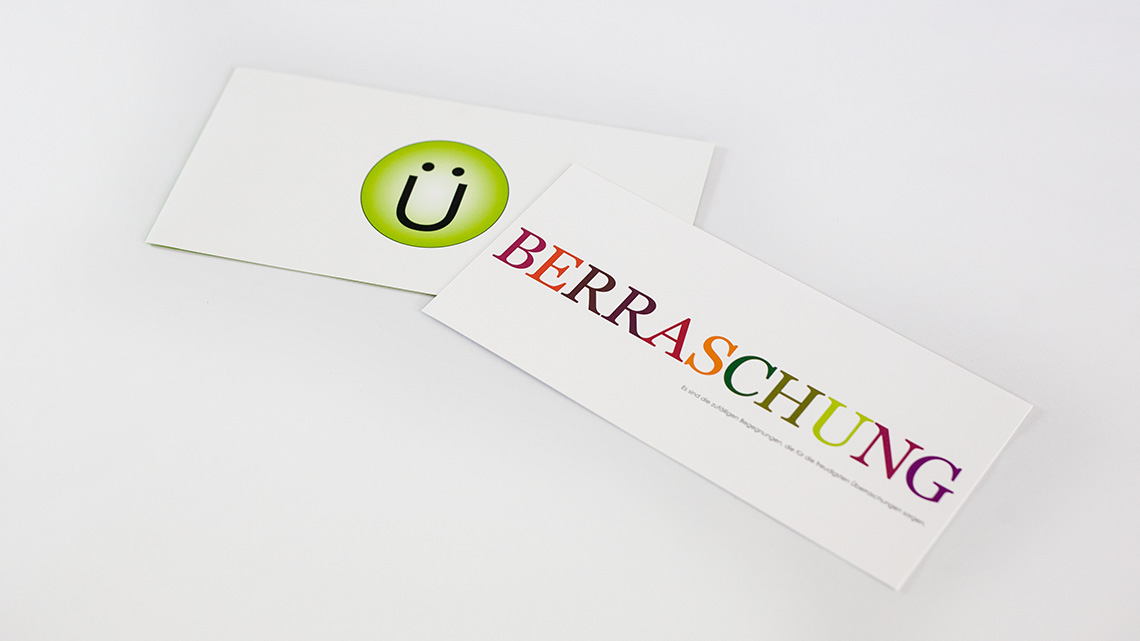 Ansicht der Titel- & Rückseite des Überraschungs-Flyers von Ü-Küchen auf grauem Hintergrund