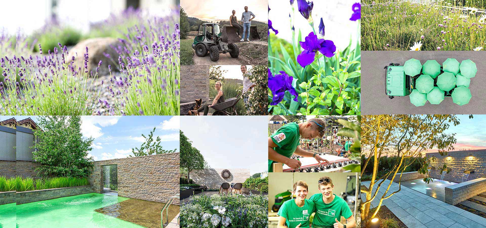 Collage aus verschiedenen Landschaften und Aktivitäten: Lavendelfeld, Person mit Traktor, lila Blumen, Person mit frischem Grün, grüne Sonnenschirme, moderner Poolbereich, Blumengarten, Person mit Werkzeugen, zwei lächelnde Personen und ein gepflegter Gartenweg