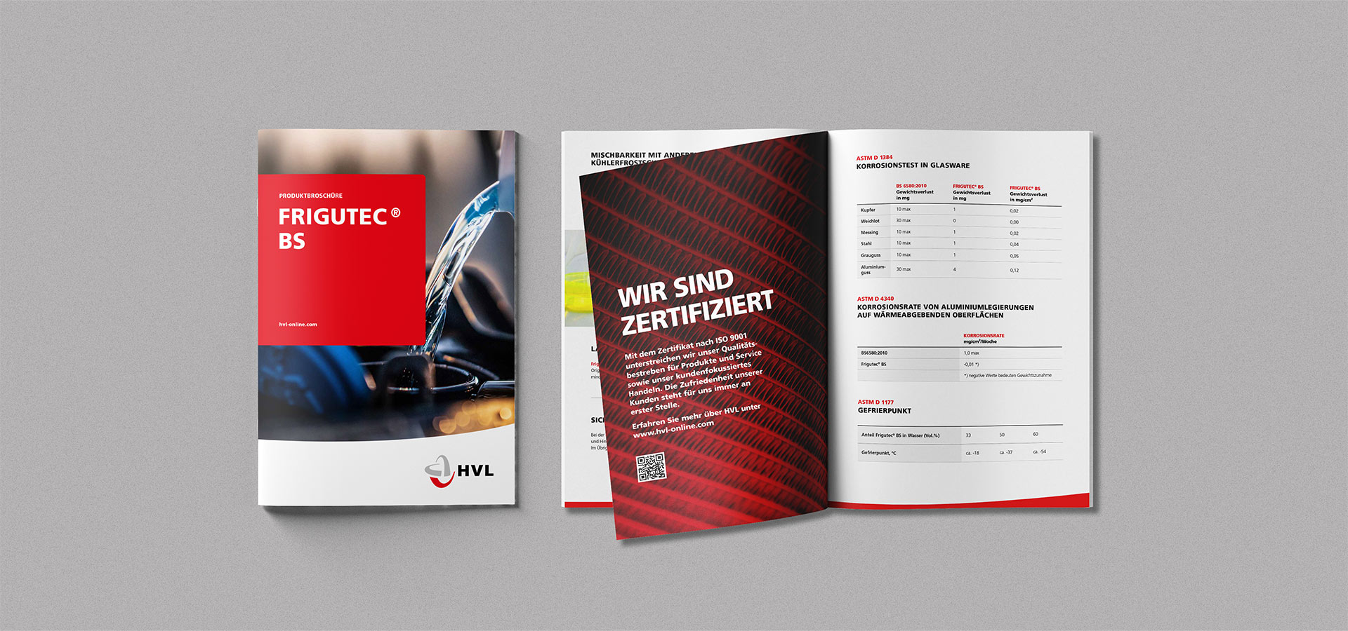 Ansicht der Titelseite und einer offenen Doppel-Innenseite einer Produktbroschüre von HVL