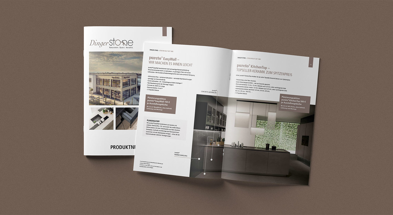 Ansicht einer Titelseite und einer geöffneten Doppel-Innenseite einer Produktbroschüre von Dinger Stone