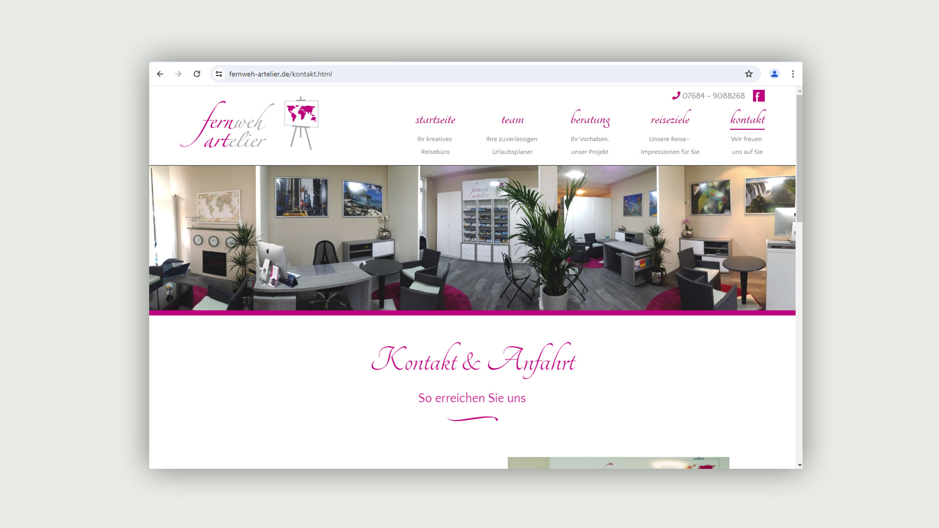 Ansicht der Webseite des Fernweh Ateliers vor grauem Hintergrund