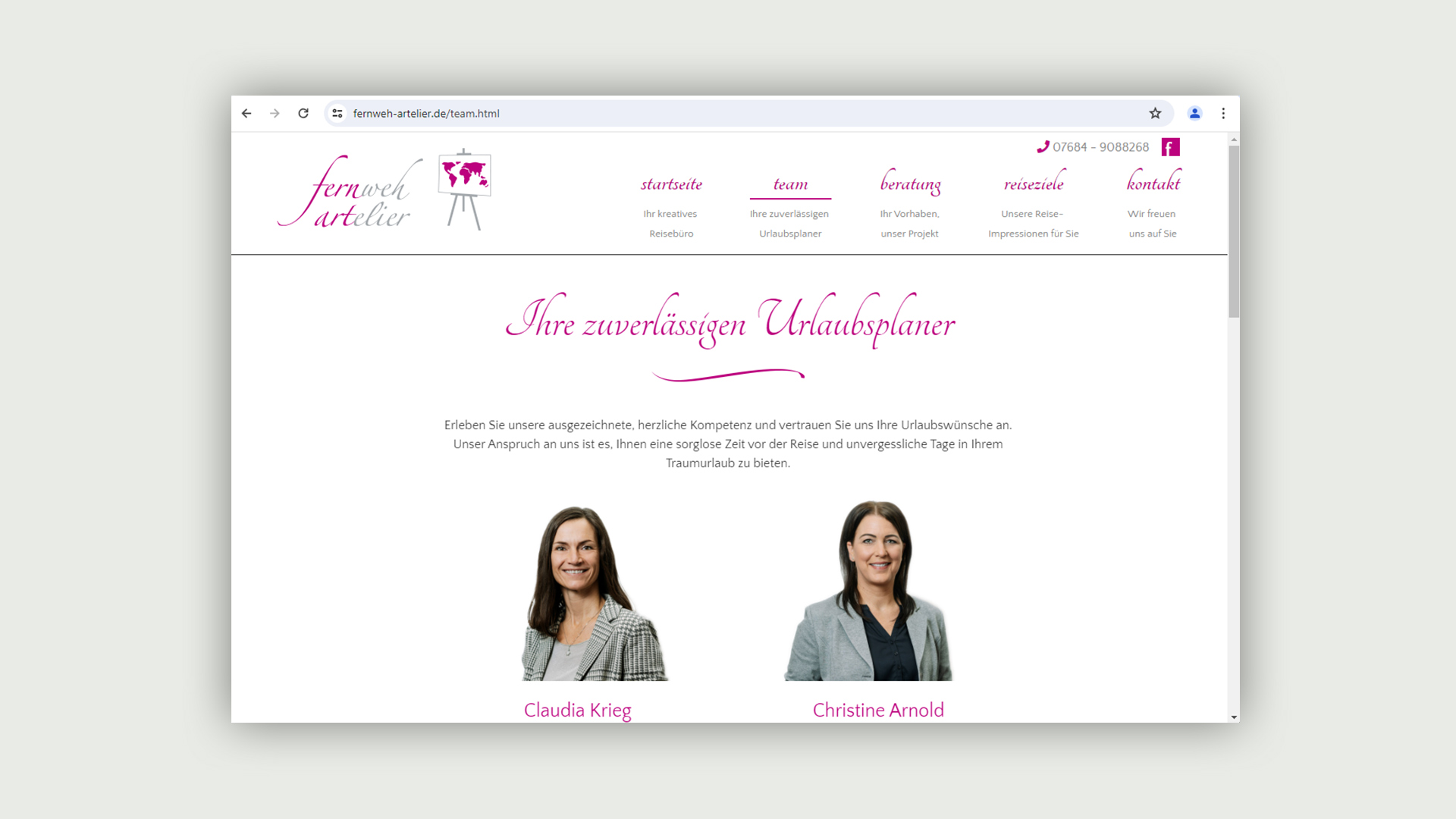 Ansicht der Webseite des Fernweh Ateliers vor grauem Hintergrund