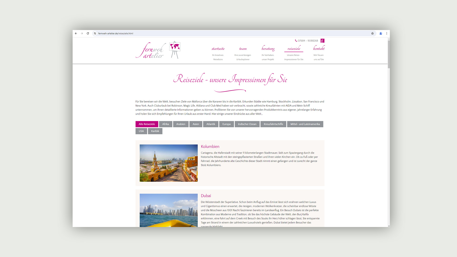 Ansicht der Webseite des Fernweh Ateliers vor grauem Hintergrund