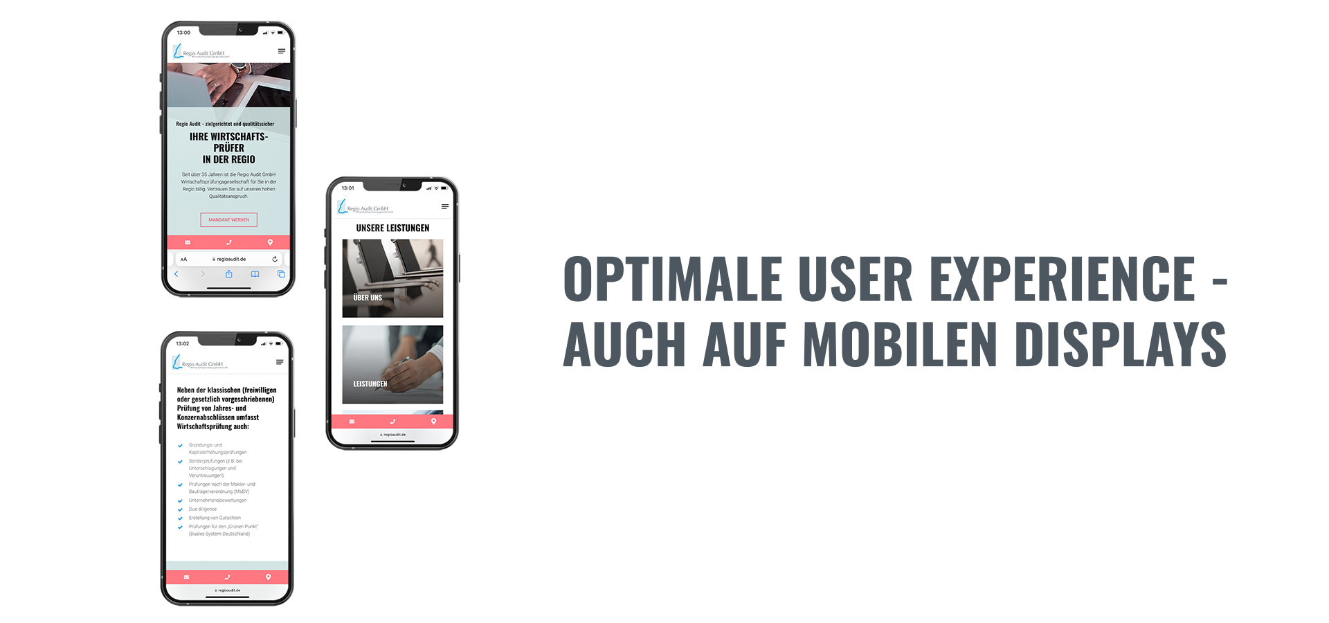 Ansicht der Webseite von Regio Audit auf drei verschiedenen Smartphones und Text