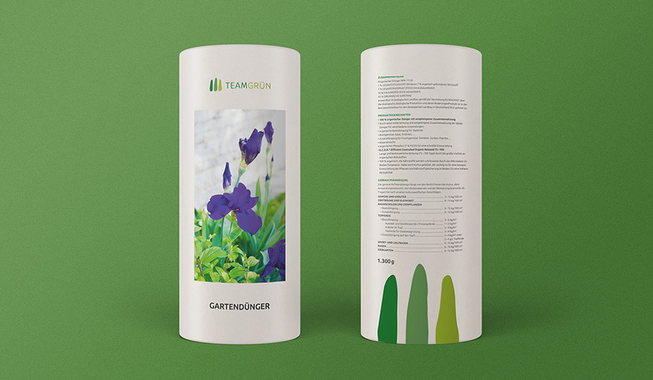 Ansicht Gartendünger im Corporate Design von Team Grün vor grünem Hintergrund