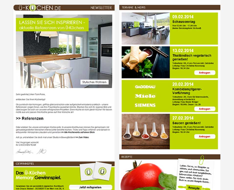 Darstellung des Newsletters von Ü-Küchen auf grauem Hintergrund
