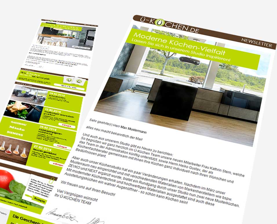 Darstellung des Newsletters von Ü-Küchen auf grauem Hintergrund
