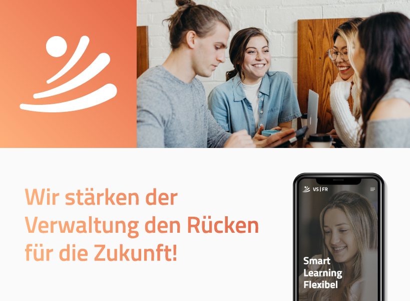 Bildcollage mit Logo, Claim, Webseitenausschnitt auf Mobil und ein Gruppenbild von jungen Erwachsenen im Gespräch an einem Tisch