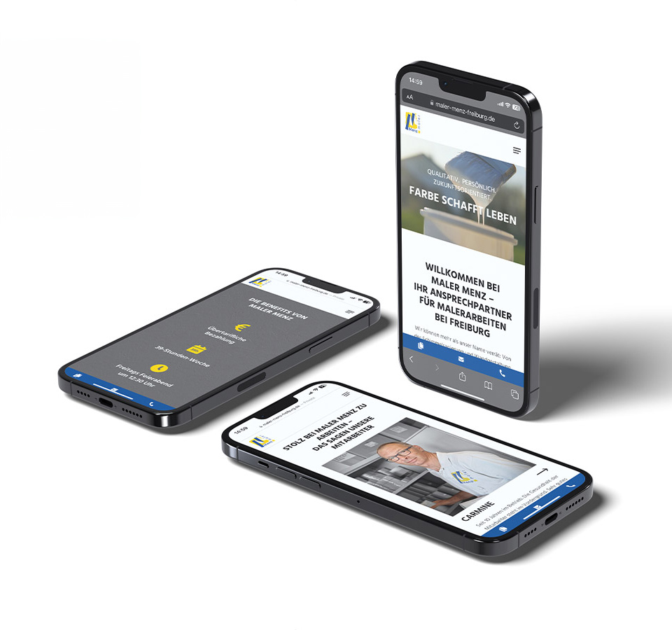 Ansicht der Webseite von Maler Menz auf drei verschiedenen Smartphones auf hellem Untergrund