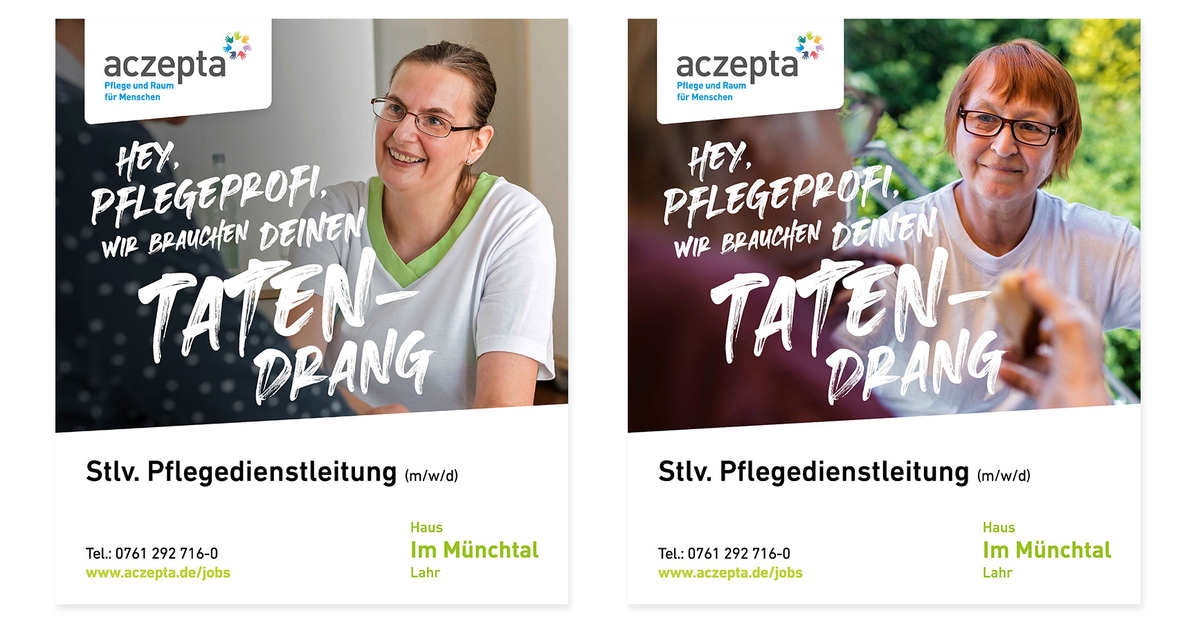Ansicht zweier Stellenanzeigen von aczepta auf weißem Untergrund