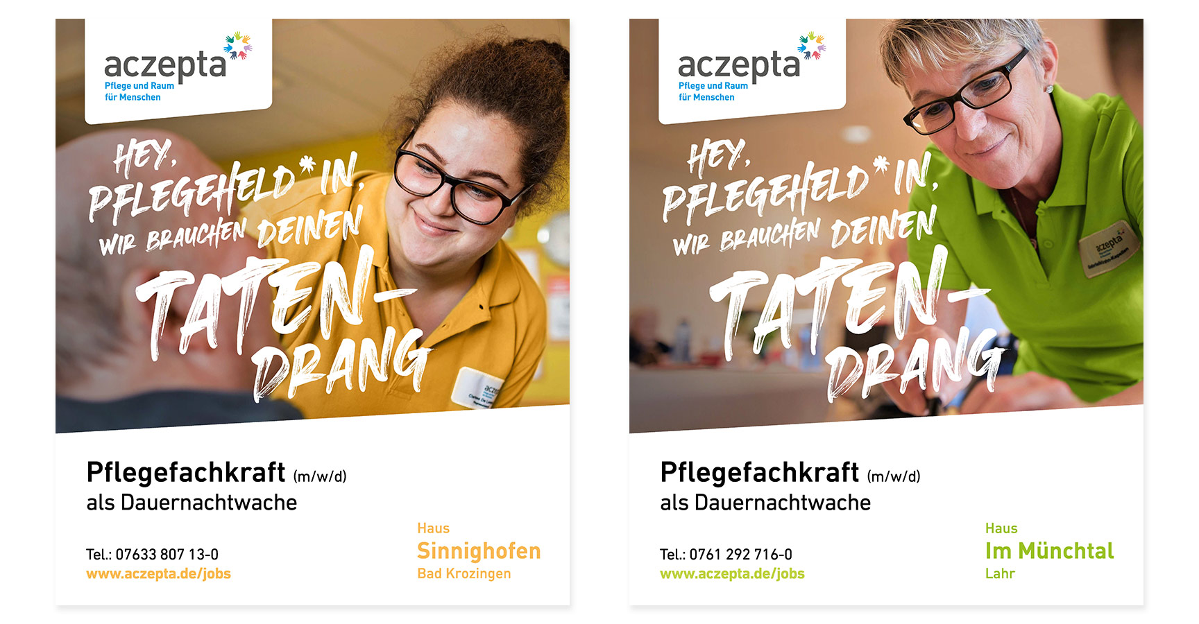 Ansicht zweier Stellenanzeigen von aczepta auf weißem Untergrund