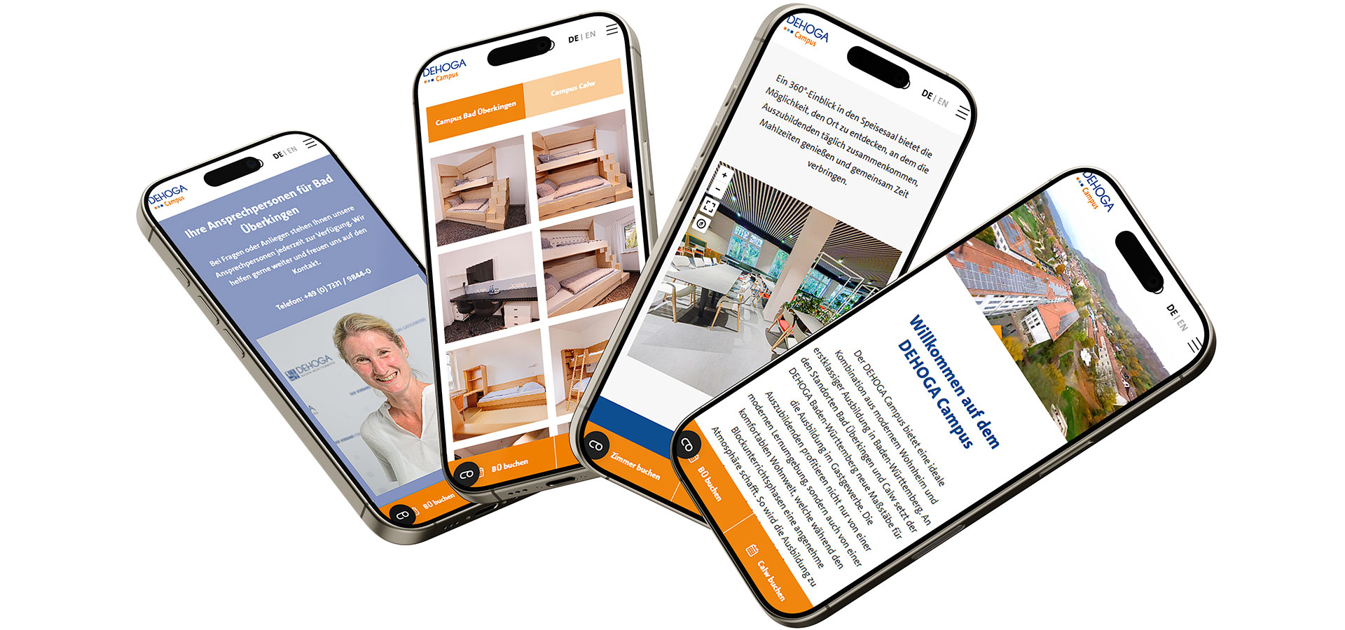 Darstellung der Webseite des DEHOGA-Campus auf vier verschiedenen mobilen Endgeräten in der Perspektive