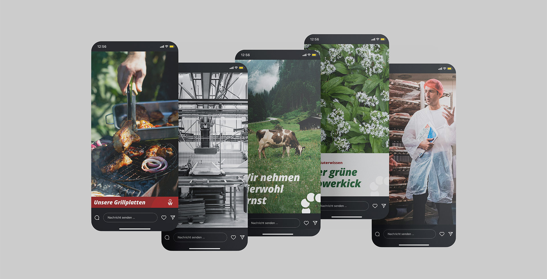 Abbildung verschiedener Themenschwerpunkte der Social Media-Posts der Metzgerei Gustav Winterhalter auf mobilen Endgeräten