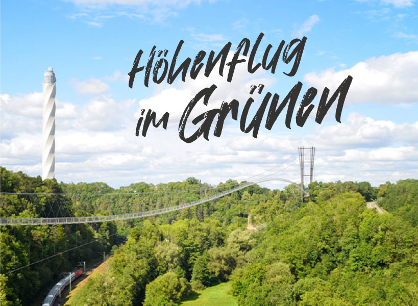Abbildung eines 3D-Renderings der NECKARLINE über einem Mischwald und einer Bahn.