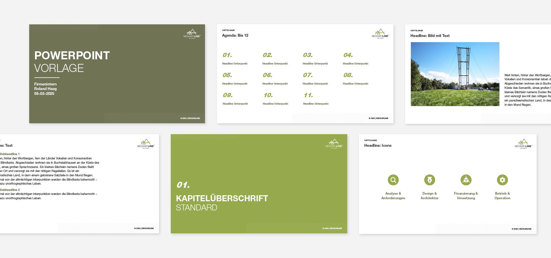 Darstellung verschiedener Folien der Präsentationsvorlage der NECKARLINE.