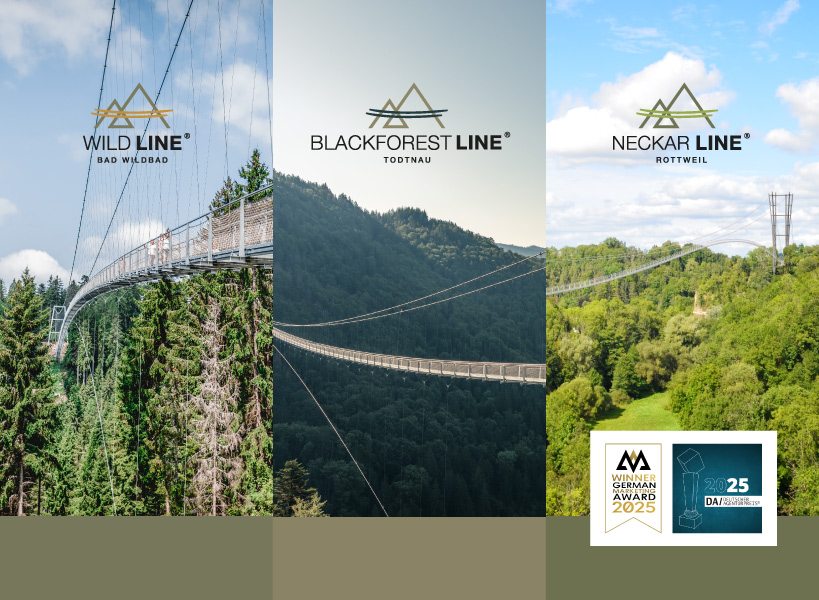 Collage dreier Hängebrücken im Wald nebeneinander.