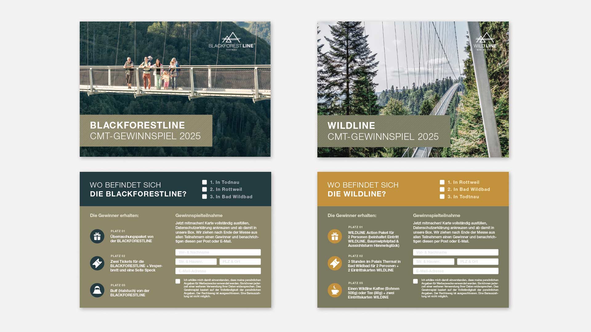 Abbildung von Vorder- & Rückseite der beiden Postkarten der WILDLINE und BLACKFORESTLINE.