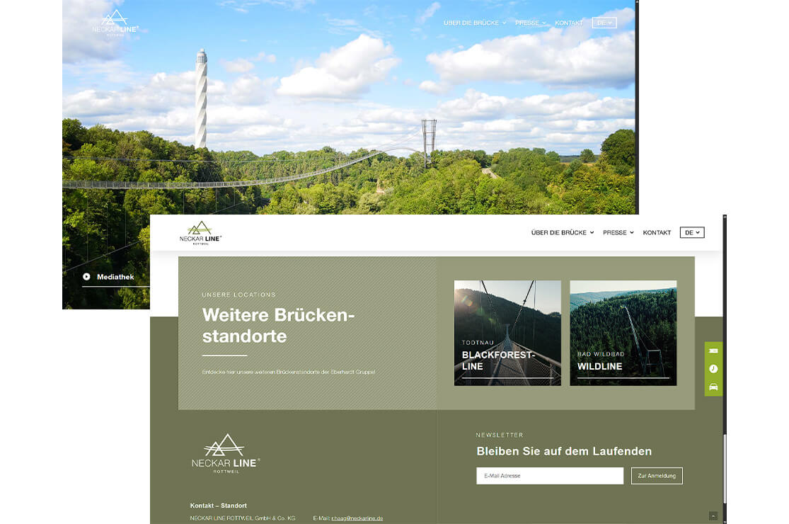 Darstellung der Startseite sowie des Footers der NECKARLINE.