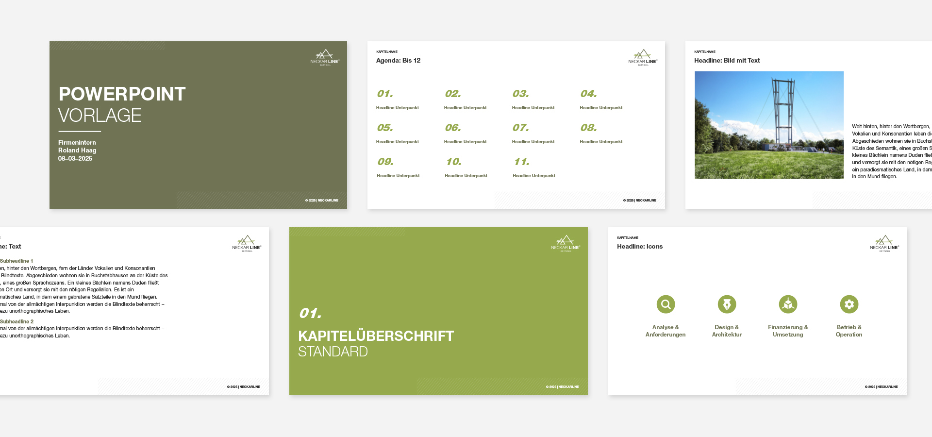 Abbildung verschiedener Folien der Präsentationsvorlage der NECKARLINE.