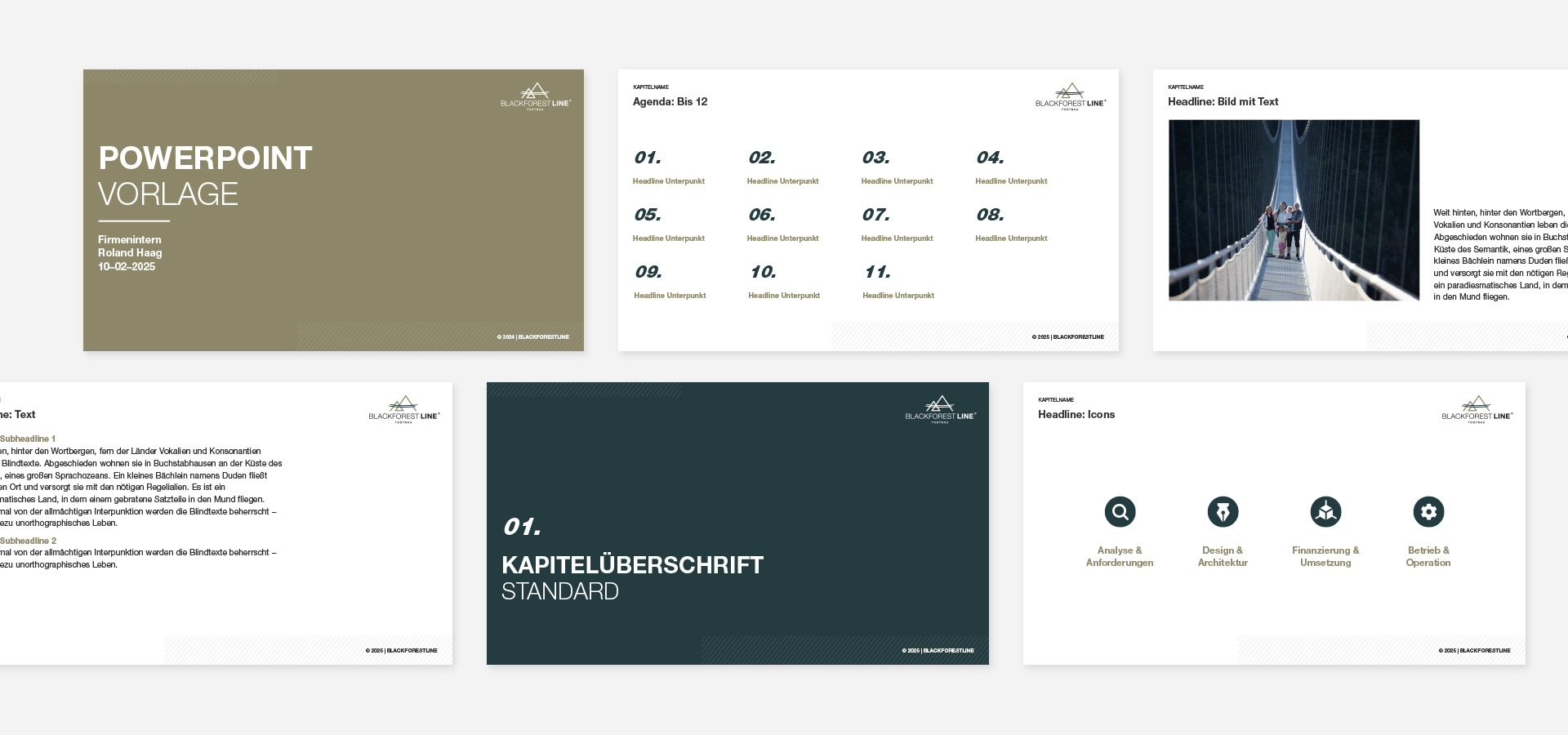 Abbildung verschiedener Folien der Präsentationsvorlage der BLACKFORESTLINE.