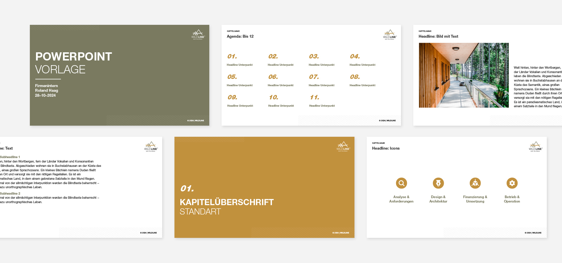 Abbildung verschiedener Folien der Präsentationsvorlage der WILDLINE.