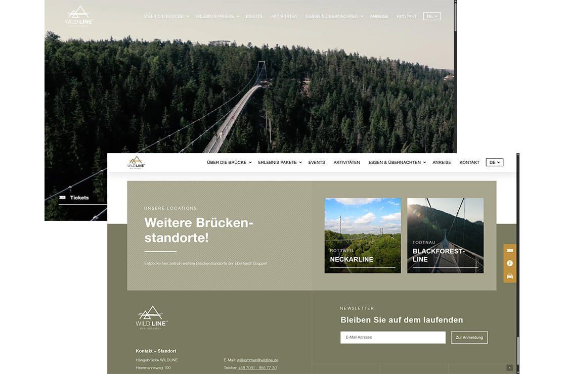 Darstellung der Startseite sowie des Footers der WILDLINE.