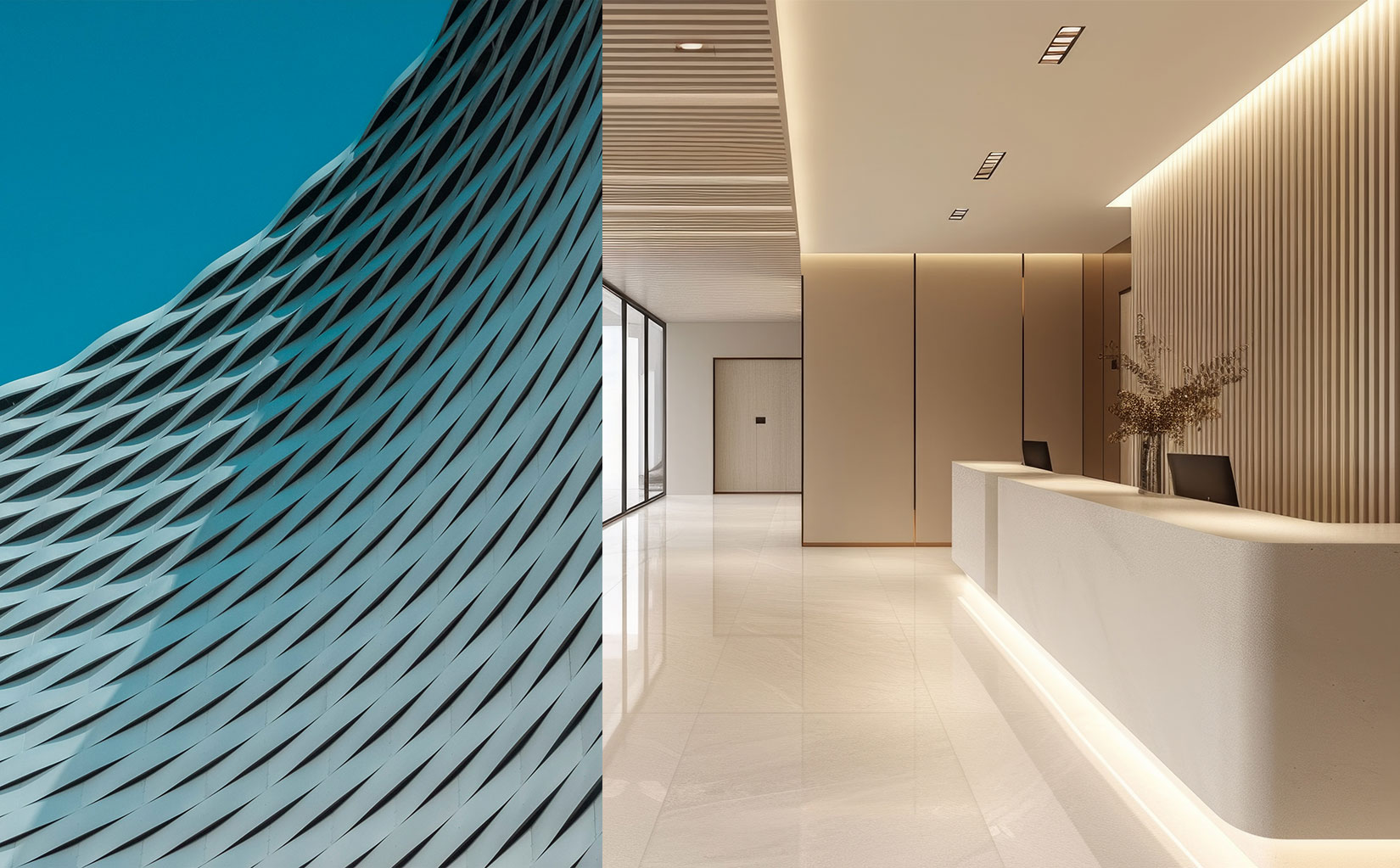 Bildkomposition aus einem gläsernen Gebäude und einer hellen Rezeption.