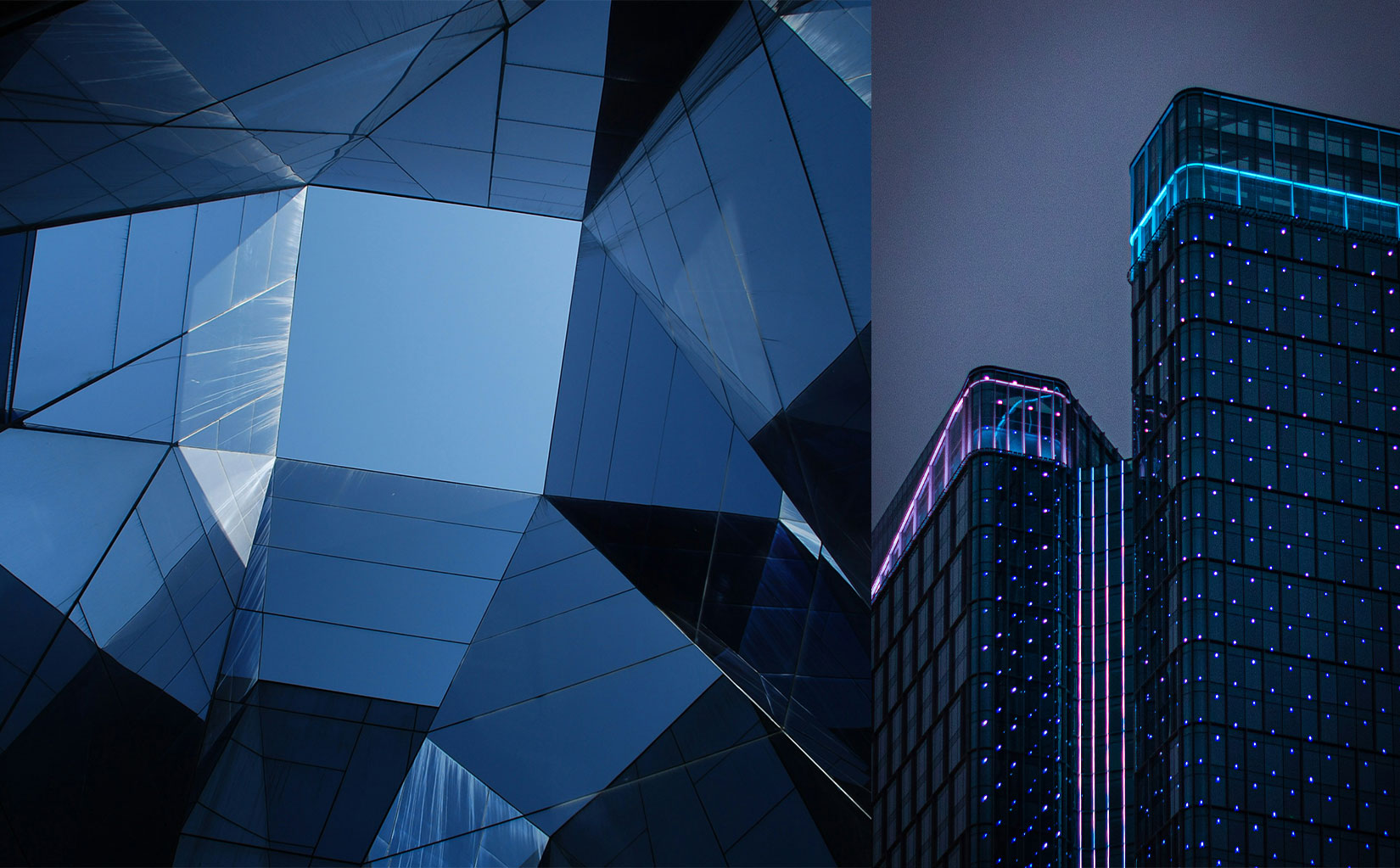 Bildkomposition aus einer Spiegel-Architektur und einem beleuchteten Hochhaus bei Nacht.