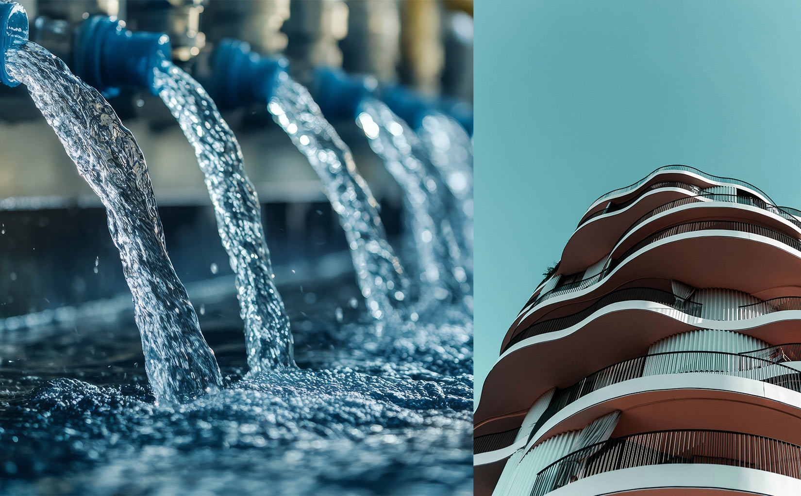 Bildkomposition aus einem Wasserbecken und einem organischen Wohngebäude.