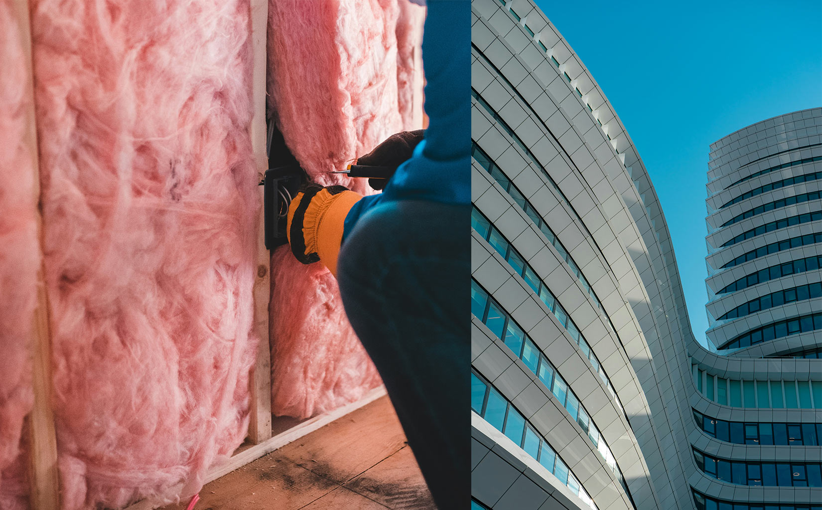 Bildkomposition aus einem Mann, der pinkes Dämmmaterial verbaut und einem organischen Bürogebäude.