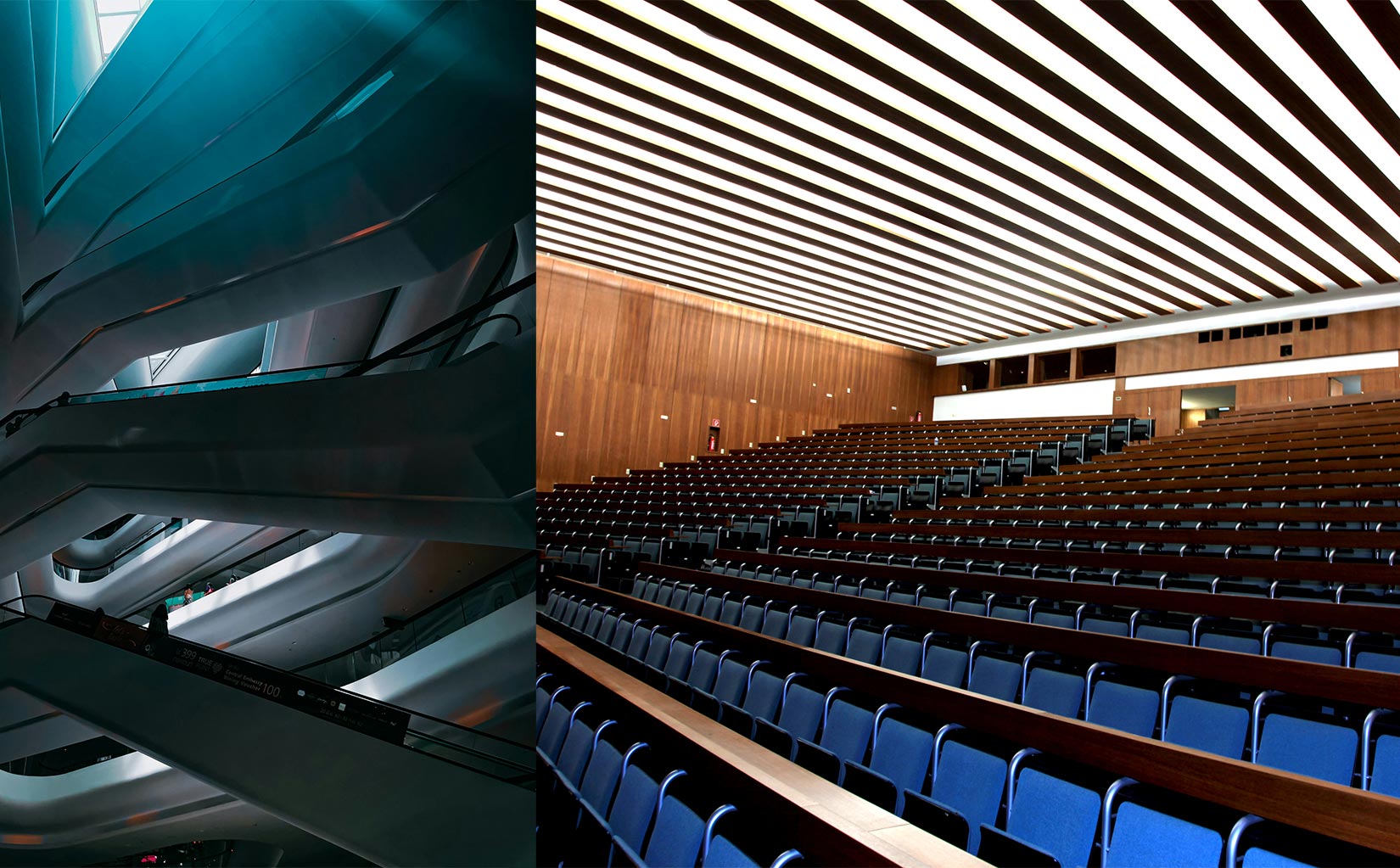 Bildkomposition aus einem futuristischen Treppenhaus und einem leeren Plenum.