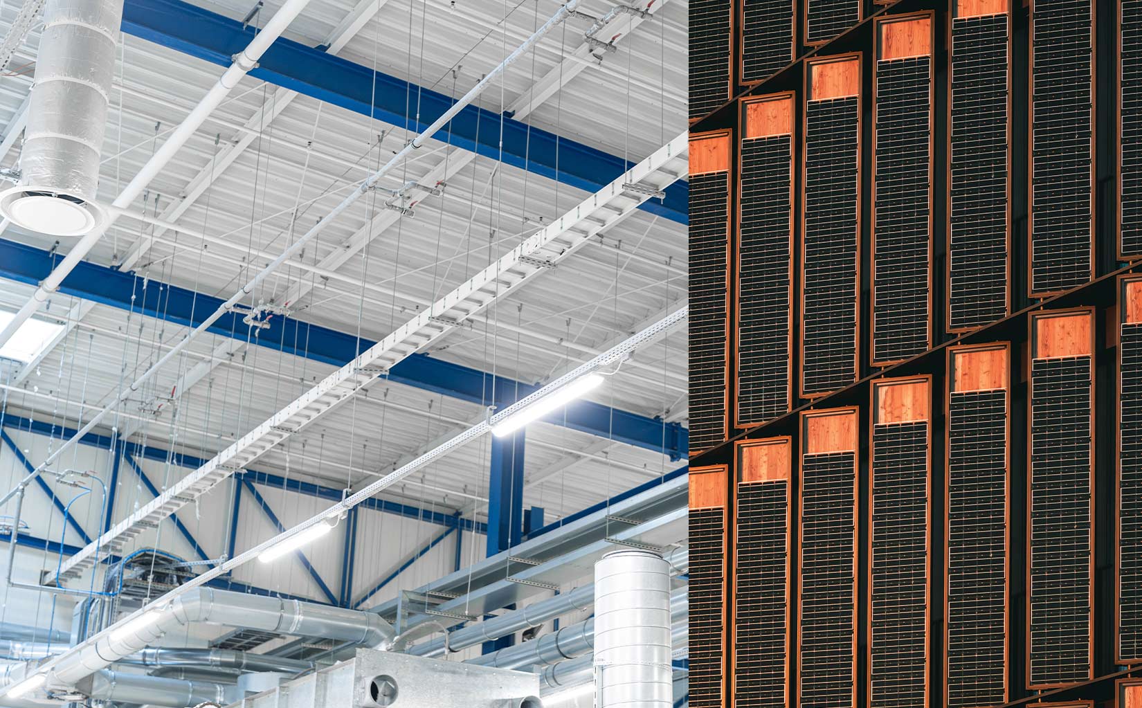 Bildkomposition aus einer hellen Industriehalle und Solarpanels.