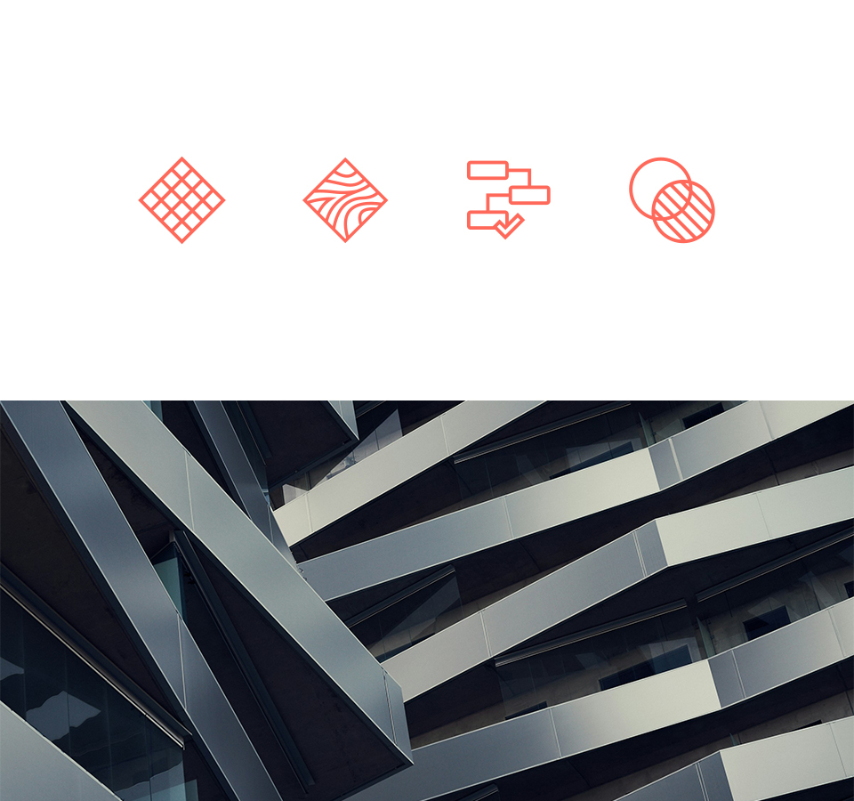 Darstellung verschiedener Icons von PBD auf einem hellgrauen Hintergrund, darunter ein Foto einer abstrakten Architektur.