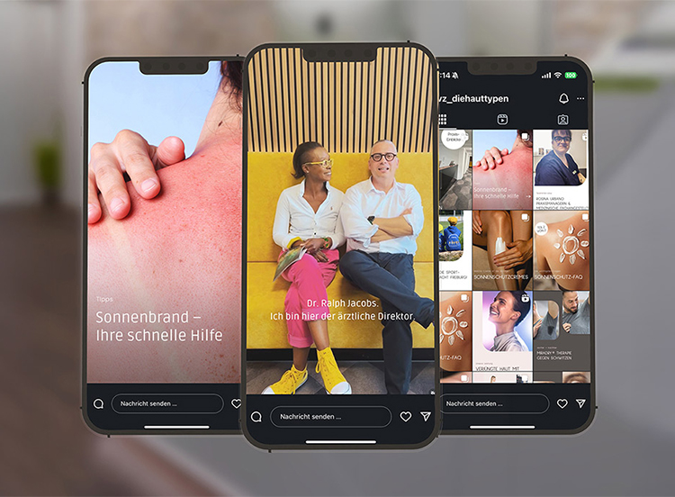 Drei Smartphonebildschirme mit Social Medai Inhalt. Hintergrund weichgezeichnet